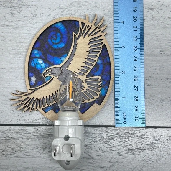 Bald Eagle Wood Nightlight Blue Stained Glass Style Rustic Lodge Decor Handmade - Picture 4 of 7